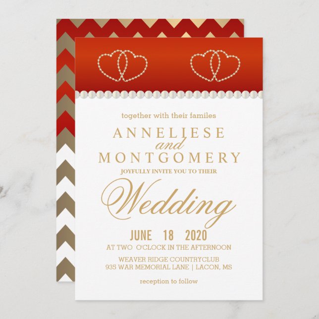 Deep Red and Gold Hearts - Invitation (Front/Back)