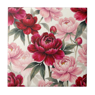 Deep Red and Pink Peony Floral Watercolor Pattern Ceramic Tile