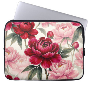Deep Red and Pink Peony Floral Watercolor Pattern Laptop Sleeve