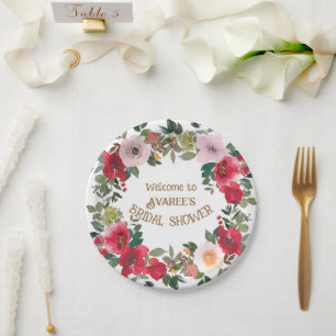 Deep Red and Pink Watercolor Roses Bridal Shower Paper Plate