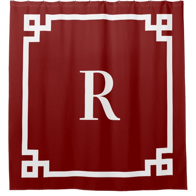 Deep Red and White Greek Key Simple Monogram Shower Curtain (Front)