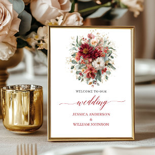 Deep Red Autumn Floral 8x10 Boho Wedding Welcome Poster