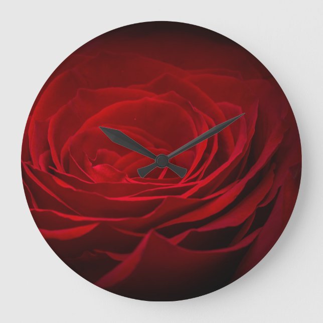 Deep Red Blood Rose On Black Large Clock (Front)