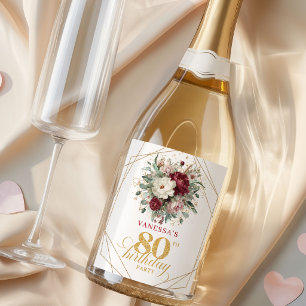 Deep Red Blush Burgundy 80th Birthday Champagne  Sparkling Wine Label
