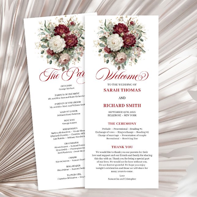 Deep Red Blush Burgundy Floral Wedding Program (Deep Red Blush Burgundy Floral Wedding Program)