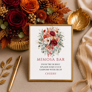 Deep red boho fall floral greenery mimosa bar sign