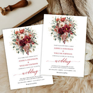 Deep Red Boho Floral Fall Eucalyptus Wedding Invitation