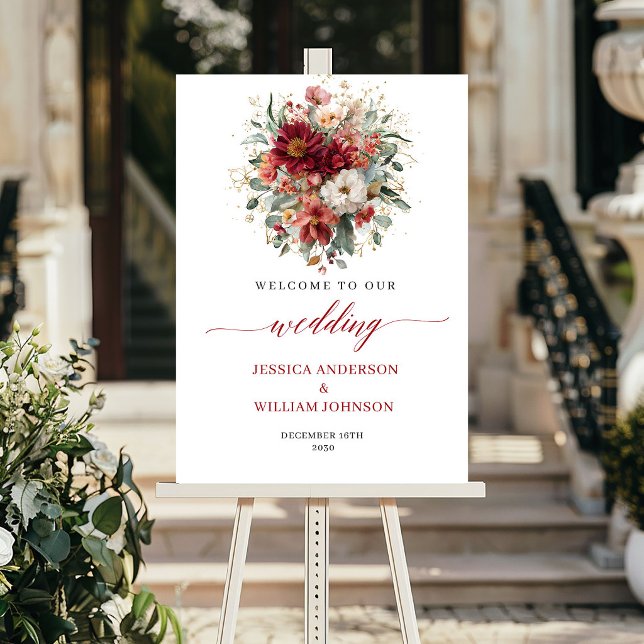 Deep Red Boho Floral Fall Eucalyptus Wedding Sign (Deep Red Boho Floral Fall Eucalyptus Wedding Welcome

)