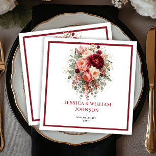 Deep Red Boho Flowers Autumn Eucalyptus Wedding Napkin