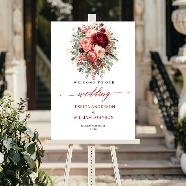 Deep Red Boho Flowers Autumn Eucalyptus Welcome  Poster (Deep Red Boho Flowers Autumn Eucalyptus Welcome Sign

)