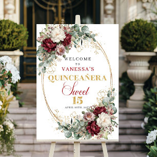 Deep Red Boho Quinceanera Welcome Sign Floral Gold