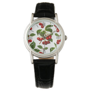 Deep Red Botanical Cherry Pattern Watch