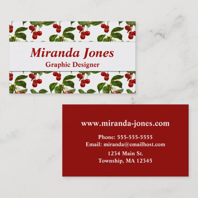 Deep Red Botanical Cherry Print Business Card (Front/Back)