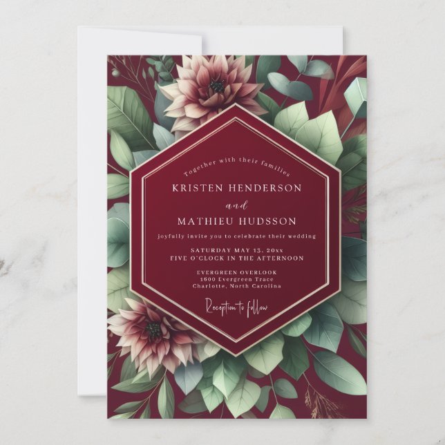Deep Red Botanical Romance Wedding Invitation (Front)