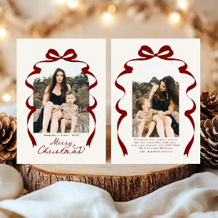 Deep Red Bow Photo Merry Christmas Arch Holiday Card