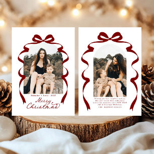 Deep Red Bow Photo Merry Christmas Arch Holiday Card