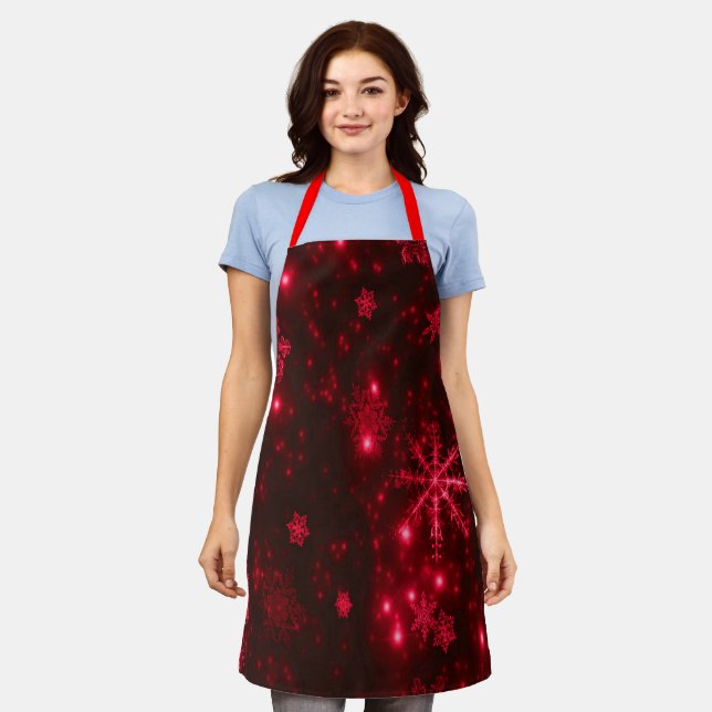 Deep Red Bright Snowflakes Holidays Medium Apron (Worn)