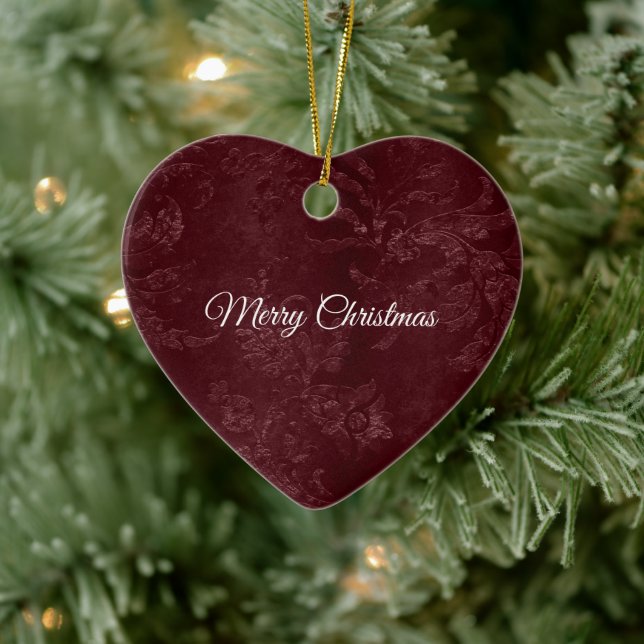 Deep Red Burgundy Floral Christmas Ceramic Ornament (Tree)
