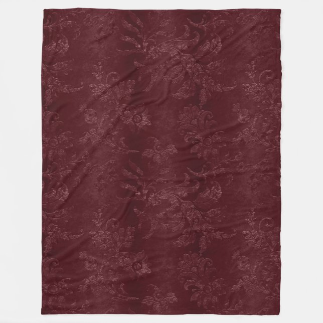 Deep Red Burgundy Floral Christmas Fleece Blanket (Front)