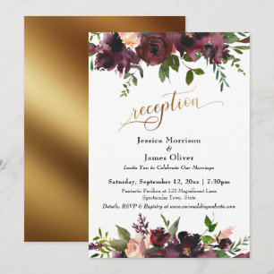 Deep Red Burgundy Floral Gold Reception Typography Invitation