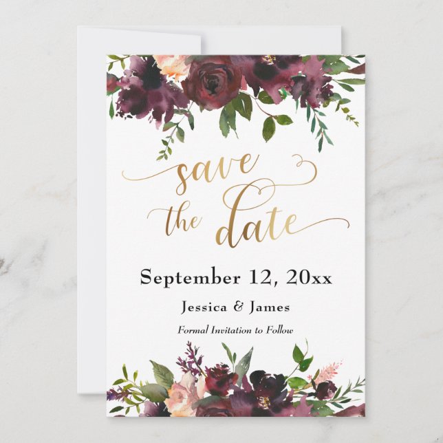 Deep Red Burgundy Floral Gold Save the Date Script (Front)