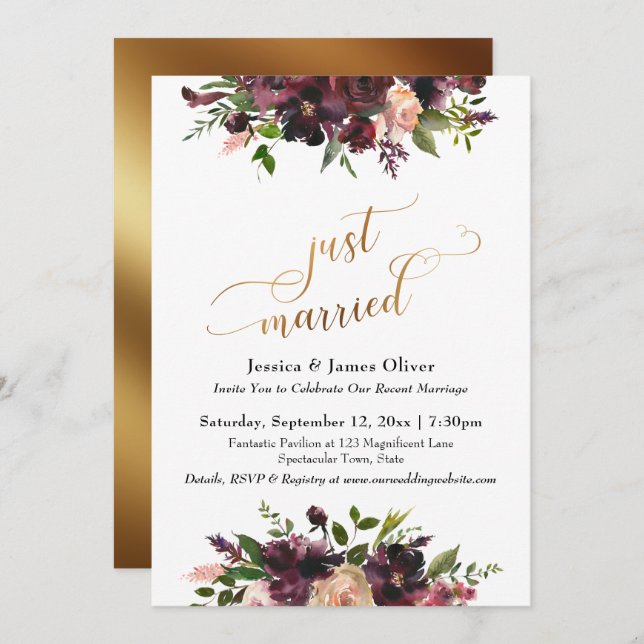 Deep Red Burgundy Floral Gold Script Just Married Invitation (Front/Back)