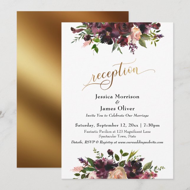 Deep Red Burgundy Floral Gold Script Reception Invitation (Front/Back)