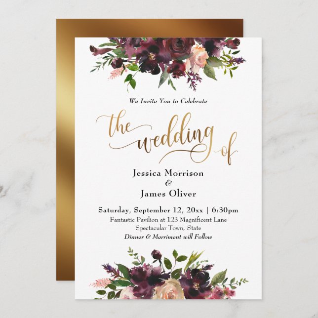 Deep Red Burgundy Floral Gold The Wedding of Invitation (Front/Back)