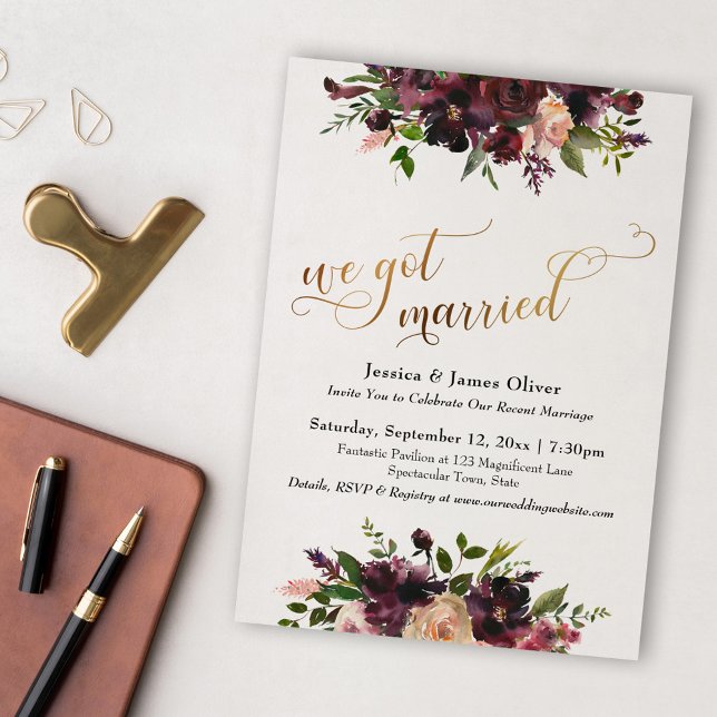 Deep Red Burgundy Floral & Gold We Got Married Invitation (Creator Uploaded)