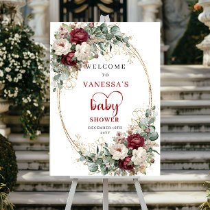 Deep Red Burgundy Flowers Baby Shower Welcome Poster