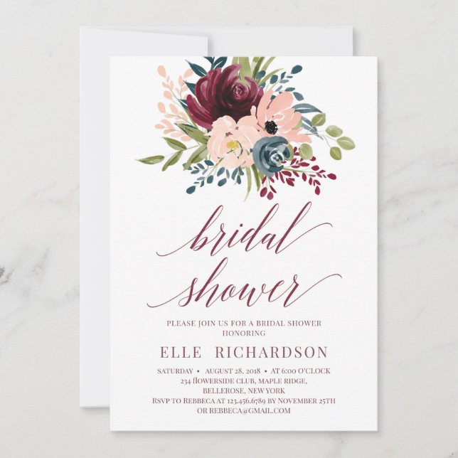 Deep red burgundy navy floral bridal shower invitation (Front)