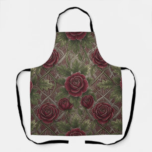 Deep Red Burgundy Roses Green Ornate Lattice  Apron