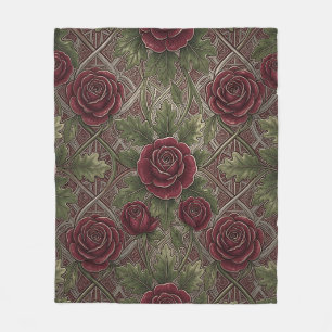 Deep Red Burgundy Roses Green Ornate Lattice Fleece Blanket