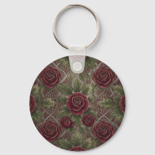 Deep Red Burgundy Roses Green Ornate Lattice Key Ring