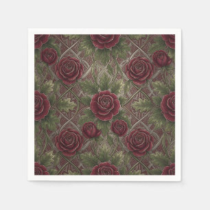 Deep Red Burgundy Roses Green Ornate Lattice  Napkin