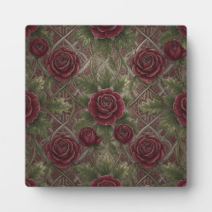 Deep Red Burgundy Roses Green Ornate Lattice Plaque