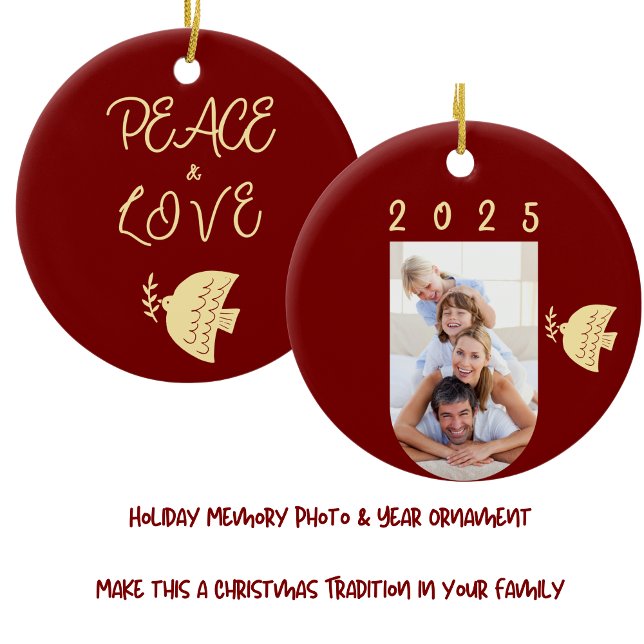 Deep Red, Butter Yellow & Gold Christmas Photo Ceramic Ornament (Creator Uploaded)