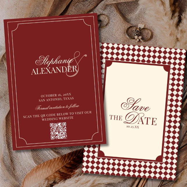 Deep Red Checkered Old Money QR Code Wedding Save The Date (Creator Uploaded)