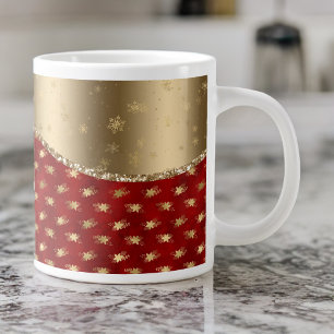 Deep Red Christmas Floral with Gold Ribbon Large Coffee Mug