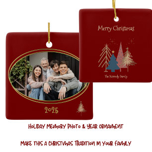 Deep Red Christmas Trees Family Photo Ceramic Ornament