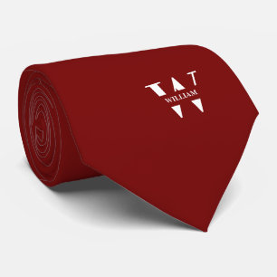 Deep Red Colour Elegant Monogram + Name Tie