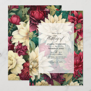 Deep Red, Cream, and Forest Green Floral Wedding Invitation