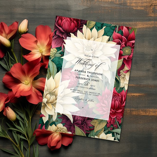 Deep Red, Cream, and Forest Green Floral Wedding Invitation (Creator Uploaded)