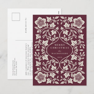 Deep Red/Cream Woodcut Winter Botanicals Holiday Postcard