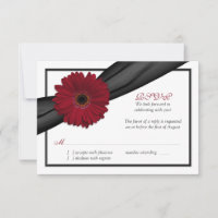 Deep Red Daisy Black Ribbon Wedding Reply Card