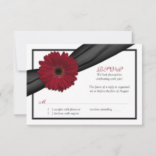 Deep Red Daisy Black Ribbon Wedding Reply Card