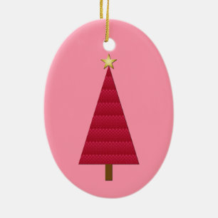 Deep red damask modern Christmas tree Ceramic Ornament