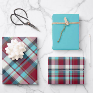 Deep Red, Dark Eclipse, Turquoise, Teal... Plaid Wrapping Paper Sheet