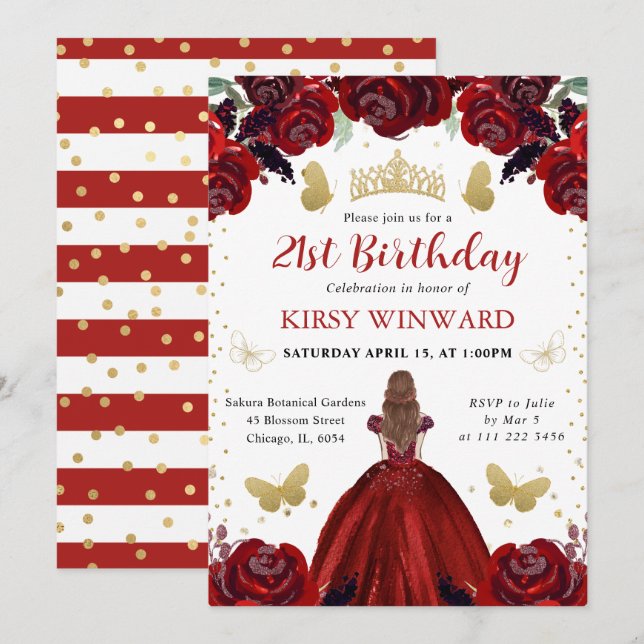Deep Red Dress Red Hair Princess Birthday Invitation (Front/Back)