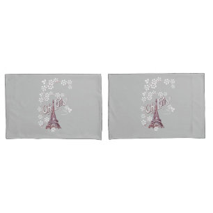 Deep Red Eiffel Tower Illustration Oh Paris Grey Pillowcase